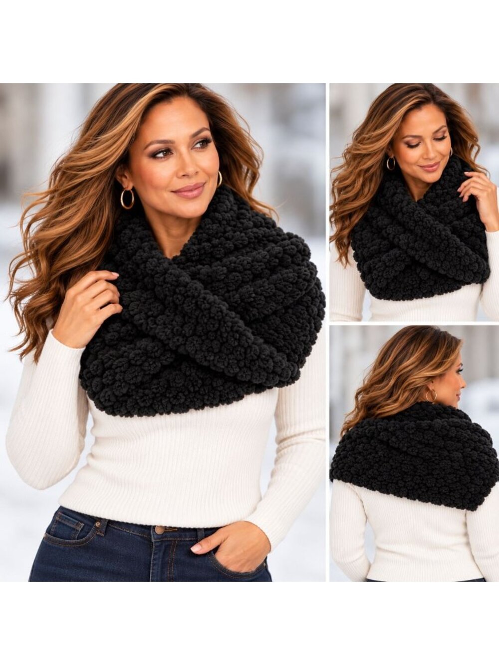 INC OS Faux Fur Black Infinity Scarf Soft Plush Winter Accessory